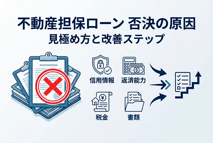 不動産担保ローンの審査否決から可決への流れを描いたイラスト。左側の審査落ちによる悩みから、中央の原因分析・改善ステップを経て、右側の融資可決へと繋がるイメージ