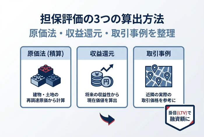 担保評価の3つの算出方法（原価法・収益還元・取引事例）を図解し、LTV（担保掛目）で融資額を決める流れを示したイメージ