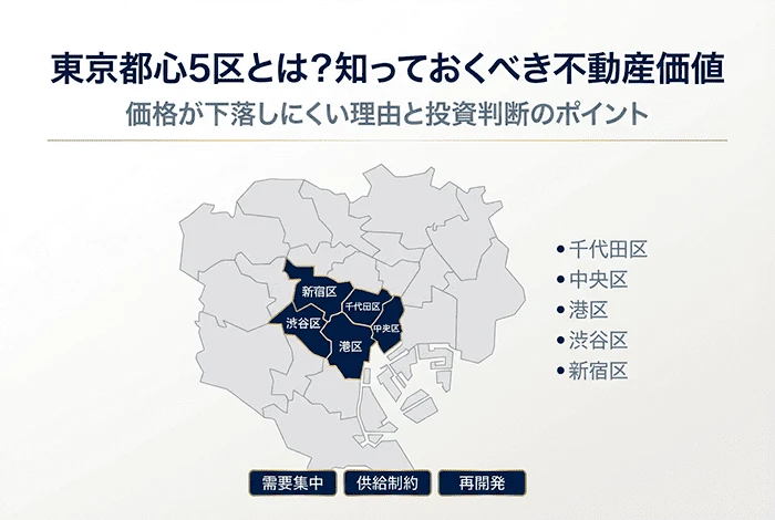 東京都心5区（千代田区・中央区・港区・渋谷区・新宿区）の位置関係と、不動産価値が下落しにくい背景として需要集中・供給制約・再開発を示した図