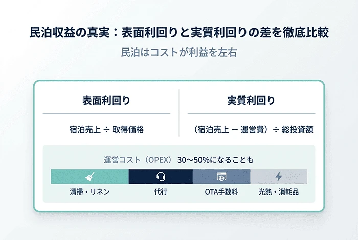 民泊投資における表面利回りと実質利回りの違い、運営コストの内訳を比較して示した図