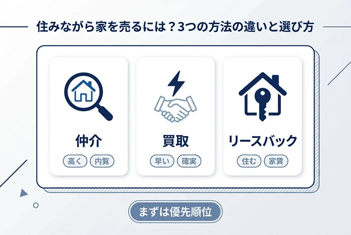 住みながら家を売る3つの方法である仲介・買取・リースバックの違いを示した比較図