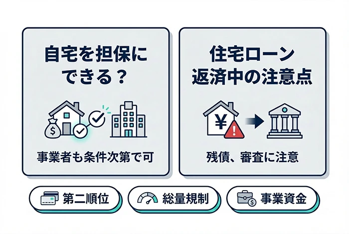 自宅を担保にした不動産担保ローンの可否や、住宅ローン返済中における第二順位・総量規制・事業資金調達時の注意点を解説したイメージ図