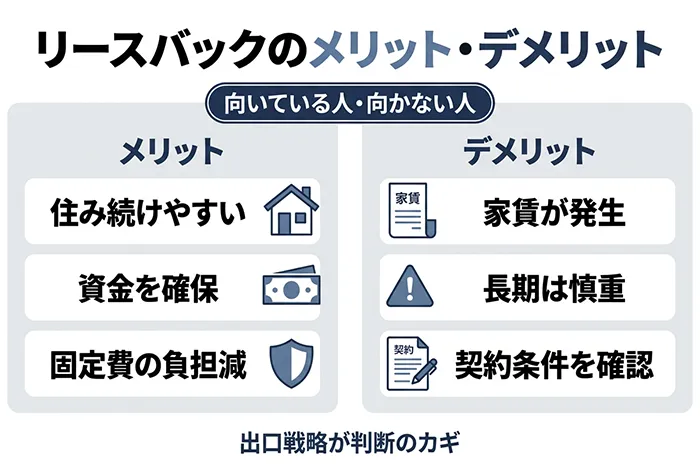 リースバックのメリットとデメリットをわかりやすく解説した図で、住み続けやすさや資金確保の利点と家賃負担などの注意点をまとめている