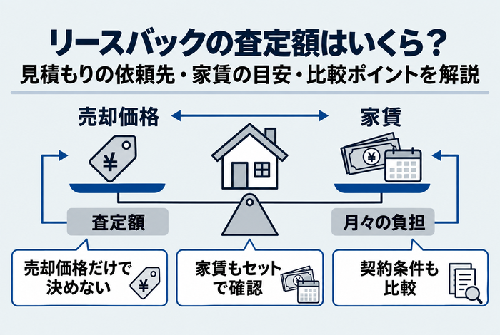 リースバックの査定額と家賃の関係を示した図。売却価格だけでなく家賃や契約条件も含めて比較する重要性を解説